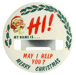 SANTA ON LARGE BUTTON USED BY STORE CLERK AND FROM GREEN DUCK BUTTON CO. ARCHIVES.