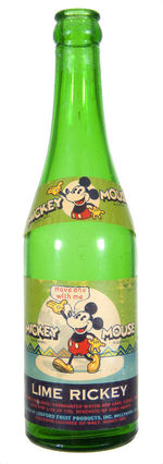 "MICKEY MOUSE LIME RICKEY" RARE SODA BOTTLE WITH LABELS.