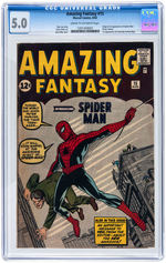 "AMAZING FANTASY" #15 AUGUST 1962 CGC 5.0 VG/FINE FEATURING FIRST APPEARANCE OF SPIDER-MAN.