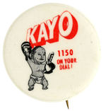 “KAYO” RADIO STATION AD BUTTON SHOWING DIAPERED FIGURE WITH BOXING GLOVES.