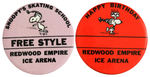 CHARLES SCHULZ OWNED EARLY ICE ARENA BUTTONS PICTURING SNOOPY.
