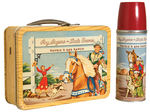 “ROY ROGERS AND DALE EVANS – DOUBLE R BAR RANCH” METAL LUNCH BOX WITH WOODGRAIN DESIGN AND THERMOS.