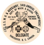 LARGE RARE CARTOON BUTTON FOR SPANISH-AMERICAN WAR VETS WITH “REMEMBER THE MAINE” SLOGAN.