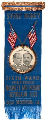 McKINLEY "SOUND MONEY" PAIR OF 1896 RIBBON BADGES WITH CELLULOIDS.