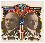 HARDING & COOLIDGE JUGATE DECAL WITH THREE CAMPAIGN SLOGANS.