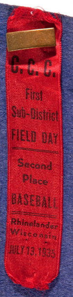 CIVILIAN CONSERVATION CORP PENNANT WITH 1935 BASEBALL GAME RIBBON.