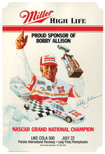 MILLER HIGHLIFE/BOBBY ALLISON “NASCAR GRAND NATIONAL CHAMPION” RACE POSTER WITH STANDEE BACK.