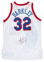 CHARLES BARKLEY DOUBLE SIGNED GAME-WORN PHILADELPHIA 76ERS FINAL SEASON BASKETBALL JERSEY.