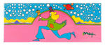 PETER MAX COSMIC MAN RUNNING WITH BOUQUET MIXED MEDIA PAINTING.