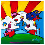 PETER MAX COSMIC RUNNER AND DOVES IN SUNSET MIXED MEDIA PAINTING.
