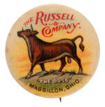 "THE RUSSELL & COMPANY" FARM IMPLEMENTS LOGO BUTTON C. 1904.