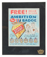 “POST AMBITION BADGE” CEREAL BOX BACK AND BADGES PROTOTYPE ART.