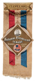“NATIONAL REPUBLICAN LEAGUE” 1895 RIBBON BADGE WITH WHEEL DEVICE SHOWING “OHIO’S SONS.”