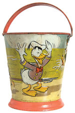 EXTREMELY RARE DISNEY CHARACTER EMBOSSED TIN SAND PAIL.