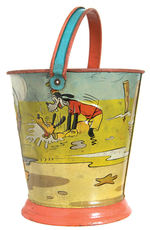 EXTREMELY RARE DISNEY CHARACTER EMBOSSED TIN SAND PAIL.