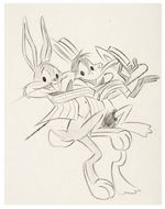 BUGS BUNNY AND DAFFY DUCK DANCING WITH  HATS ORIGINAL PUBLICITY SKETCH ATTRIBUTED TO CHUCK JONES.