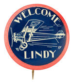 "WELCOME 'LINDY'" BUTTON SHOWING "SPIRIT OF ST. LOUIS" IN FLIGHT.