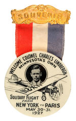 LINDBERGH RARE HOME STATE RIBBON BADGE WITH LARGE CELLO BUTTON.