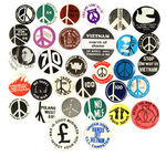 COLLECTION OF ENGLISH PEACE SYMBOL AND ANTI-VIETNAM WAR BUTTONS FROM 1963 TO EARLY 70s.