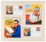 MILTON CANIFF AND ERNIE BUSHMILLER PAINTINGS FOR FIRST DAY COVER CACHETS MATTED W/PRINTED POSTCARDS