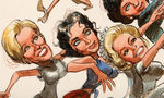 JACK DAVIS FRAMED "CHASING HOWARD HUGHES" ORIGINAL ART WITH 12 FEMALE STARS.
