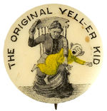 “THE ORIGINAL YEL-ER KID” GETS A SPANKING ON THIS RARE 1896 BUTTON.