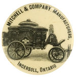 RARE EARLY BUTTON DISPLAYING HORSE DRAWN HEARSE FROM CANADIAN FIRM.
