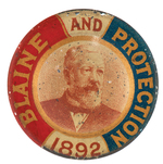 IMPORTANT PREVIOUSLY UNKNOWN BLAINE TIN LITHO BUTTON MATE TO HOBBY CLASSIC HARRISON.