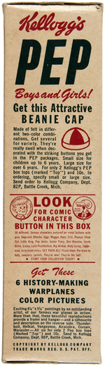 KELLOGG'S PEP CEREAL BOX WITH SUPERMAN/PEP PINS & SUPERMAN COMIC PANEL BACK.
