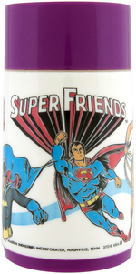 DC COMICS "SUPER FRIENDS" UNUSED METAL LUNCHBOX WITH THERMOS.