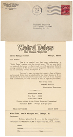 "WEIRD TALES" PULP MAGAZINE SUBSCRIPTION LETTER.
