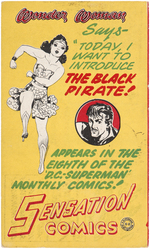 "SENSATION COMICS" PROMOTIONAL POSTCARD FEATURING WONDER WOMAN & THE BLACK PIRATE.