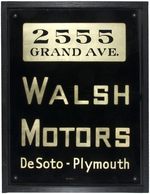 DESOTO-PLYMOUTH DEALER LARGE REVERSE PAINTED GLASS SIGN.