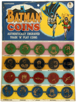 BATMAN 1966 TRIO - IDEAL FIGURE SET, BATMAN COINS & BAT MASK GLASSES.