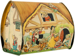 SNOW WHITE AND THE SEVEN DWARFS ENGLISH COTTAGE-SHAPED BISCUIT TIN.