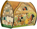 SNOW WHITE AND THE SEVEN DWARFS ENGLISH COTTAGE-SHAPED BISCUIT TIN.