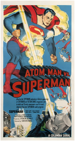 "ATOM MAN VS. SUPERMAN" LINEN-MOUNTED THREE-SHEET MOVIE POSTER.