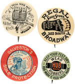 FOUR EARLY SCARCE AND GRAPHIC FOOTWEAR ADVERTISING BUTTONS.