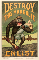 WORLD WAR I "DESTROY THIS MAD BRUTE - ENLIST" ANTI-GERMAN LINEN-MOUNTED RECRUITMENT POSTER.