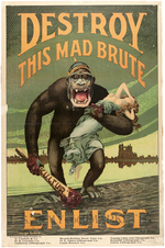 WORLD WAR I "DESTROY THIS MAD BRUTE - ENLIST" ANTI-GERMAN LINEN-MOUNTED RECRUITMENT POSTER.