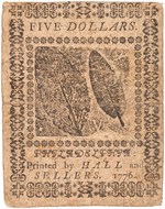 HALL AND SELLERS FEB. 17, 1776 $5 CONTINENTAL CURRENCY NATURE PRINT.