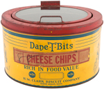 "DANE-T-BITS CHEESE CHIPS" GLASS-TOPPED STORE TIN.