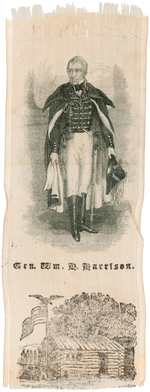 "GEN. WM. H. HARRISON" STANDING PORTRAIT RIBBON WITH LOG CABIN AND HARD CIDER BARREL.