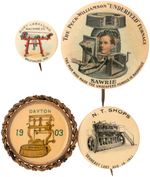 EQUIPMENT AND MACHINERY FOUR EARLY 1900s ADVERTISING BUTTONS.