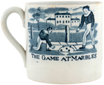 "THE GAME AT MARBLES - CHERRIES RIPE" EARLY CHILD'S CREAMWARE MUG.