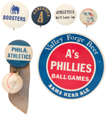 PHILA. ATHLETICS BEER AD BUTTON FROM MUCHINSKY BOOK PLUS FIVE UNLISTED BUTTONS.