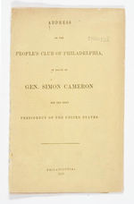 SIMON CAMERON OF PENNSYLVANIA PROMOTED AS 1860 PRESIDENTIAL CANDIDATE.