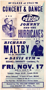 RARE "IN PERSON JOHNNY AND THE HURRICANES" 1961 CONCERT POSTER.