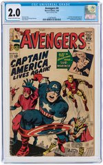 "AVENGERS" #4 MARCH 1964 CGC 2.0 GOOD (FIRST SILVER AGE CAPTAIN AMERICA)..