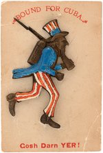 UNCLE SAM "BOUND FOR CUBA/GOSH DARN YER!" BRASS SHELL PIN ON 1898 CARD.